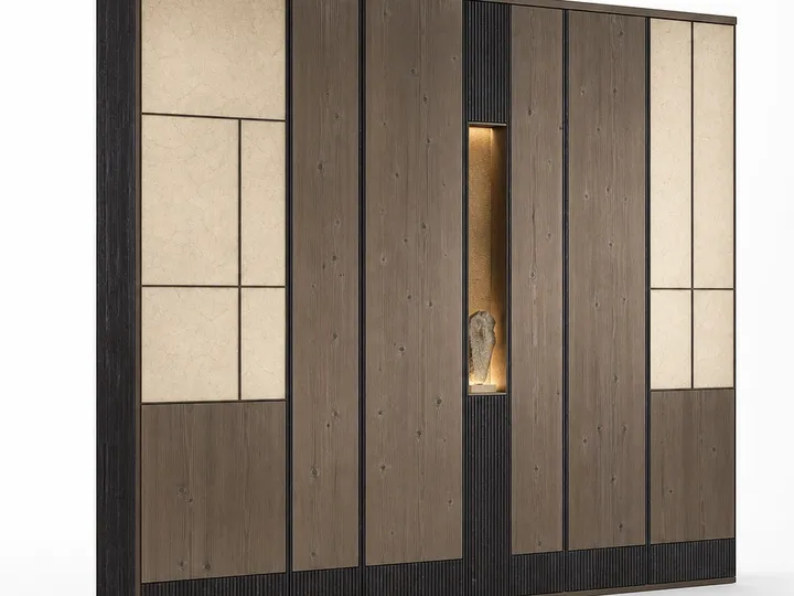 Fadior Terrazzo Wall Panel Suite with Backlit Sculptural Niche — 304 stainless steel wall panel system, front view