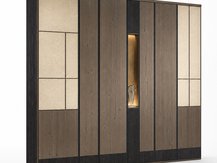 Fadior Terrazzo Wall Panel Suite with Backlit Sculptural Niche — 304 stainless steel wall panel system, front view
