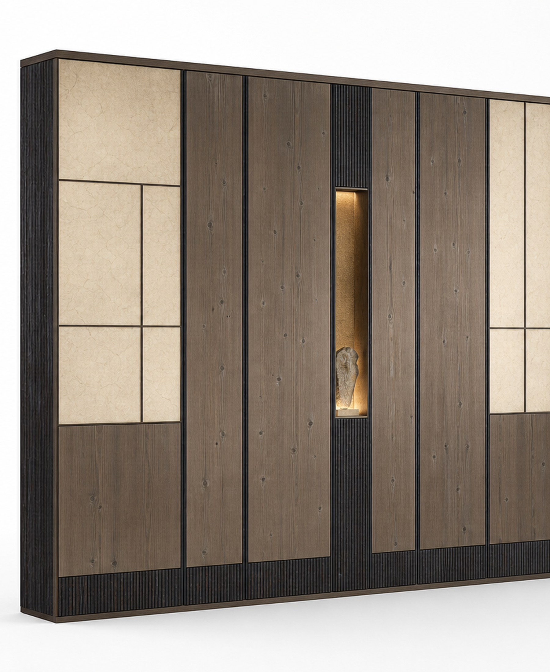 Fadior Terrazzo Wall Panel Suite with Backlit Sculptural Niche — 304 stainless steel wall panel system, front view