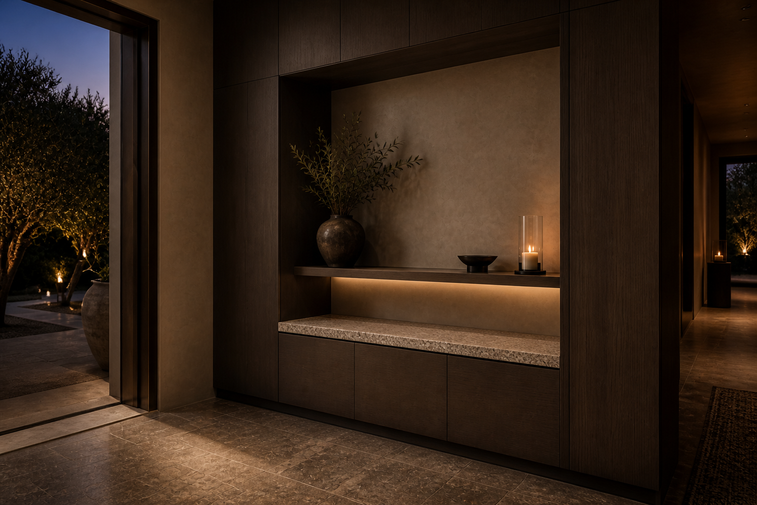 Fadior Savile Entryway Suite with Floating Ledge Arrival Niche — lifestyle setting with natural light and residential styling