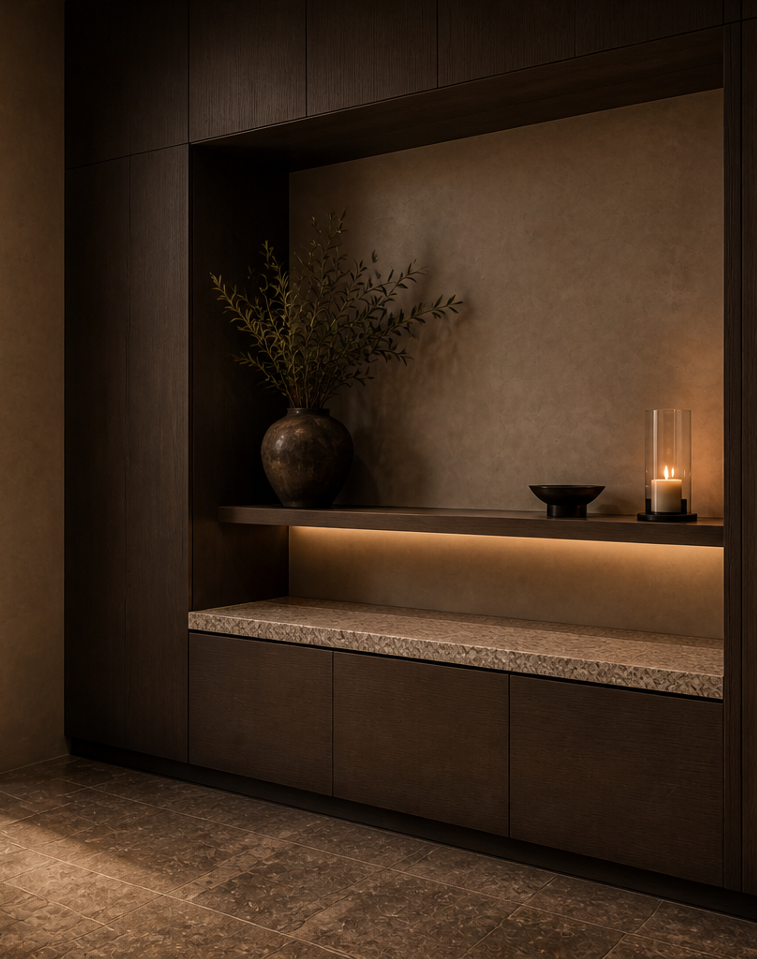 Fadior Savile Entryway Suite with Floating Ledge Arrival Niche — lifestyle setting with natural light and residential styling