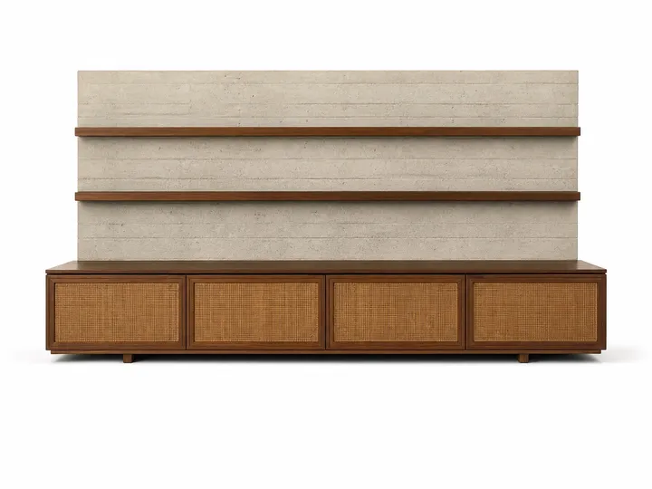 Fadior Veneto Living Room Suite with Concrete Cane Media Credenza — 304 stainless steel living room system, front view