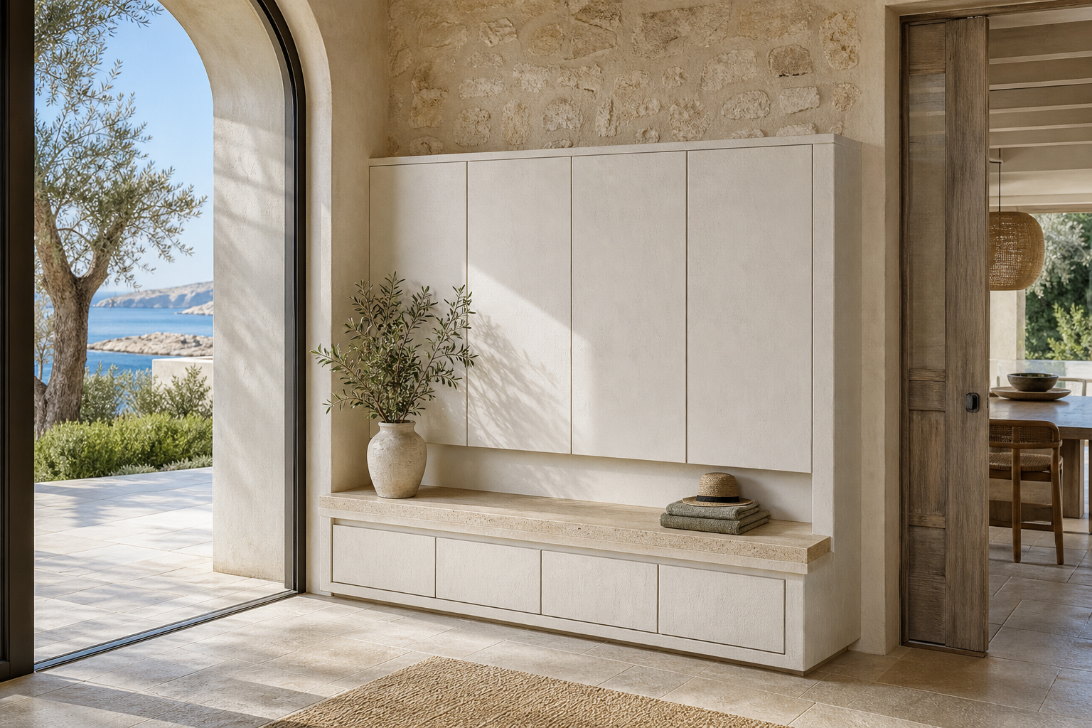 Fadior Ecliptic Entryway Suite with Parcel Ledge Arrival Hutch — lifestyle setting with natural light and residential styling