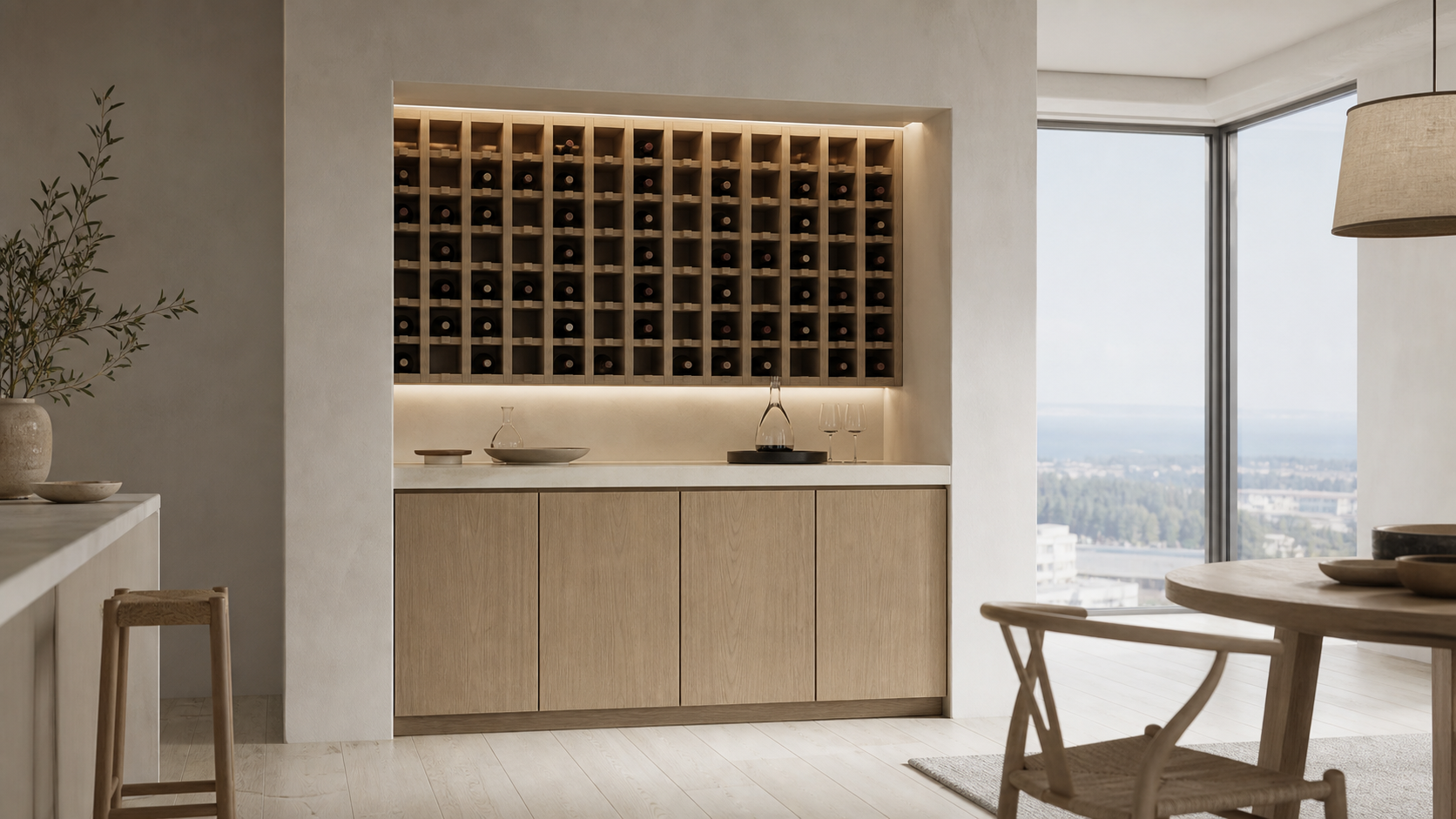 Fadior Grotto Wine Cabinet Suite with Chalk Cellar Tasting Plinth — lifestyle setting with natural light and residential