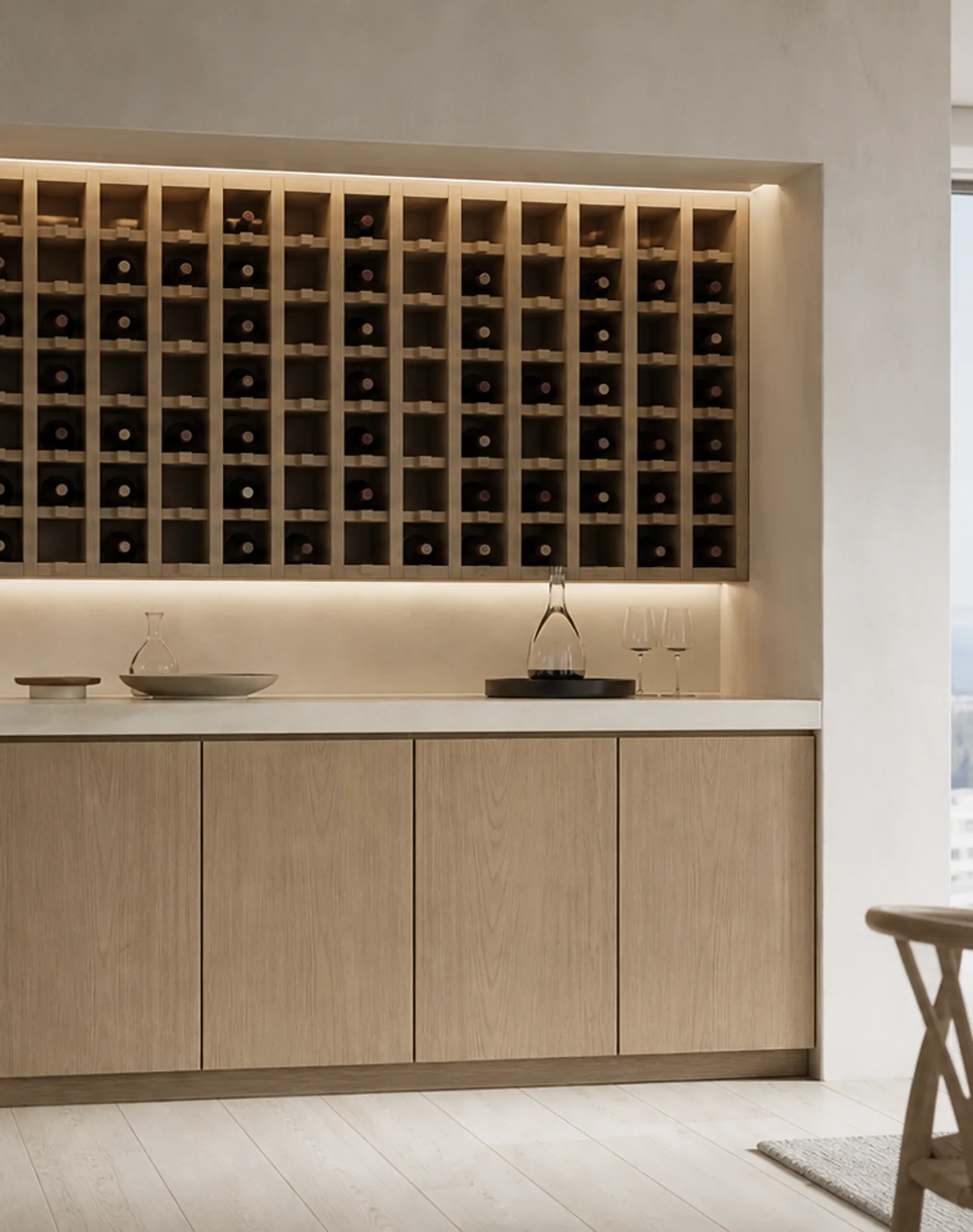Fadior Grotto Wine Cabinet Suite with Chalk Cellar Tasting Plinth — lifestyle setting with natural light and residential