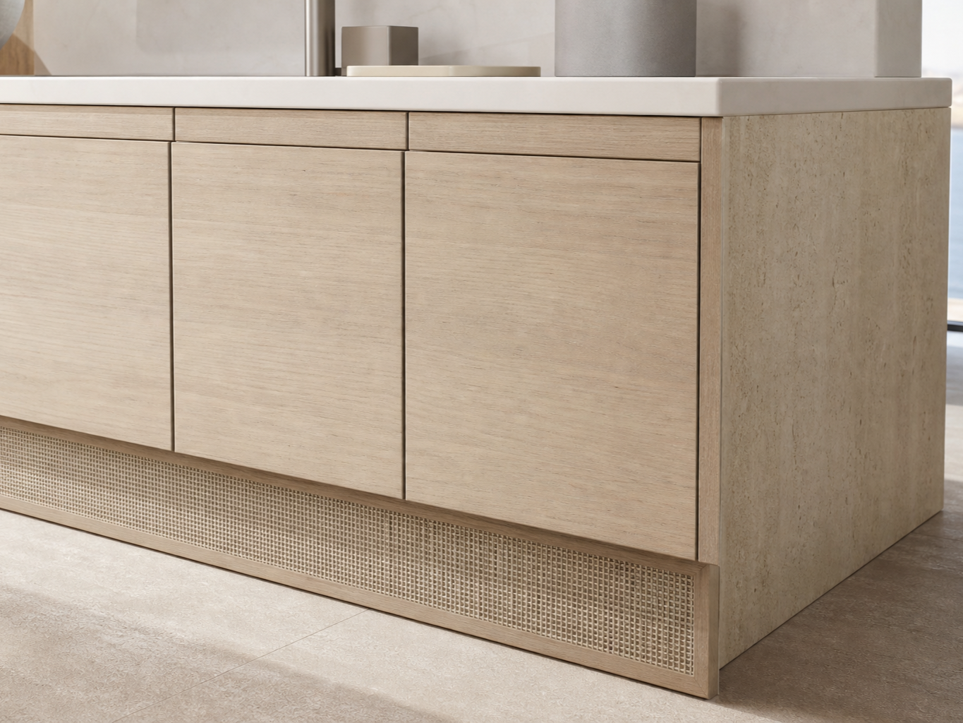 Fadior Voyage Bath Caned Travertine Linen Plinth — close-up of stainless steel finish and hardware detail