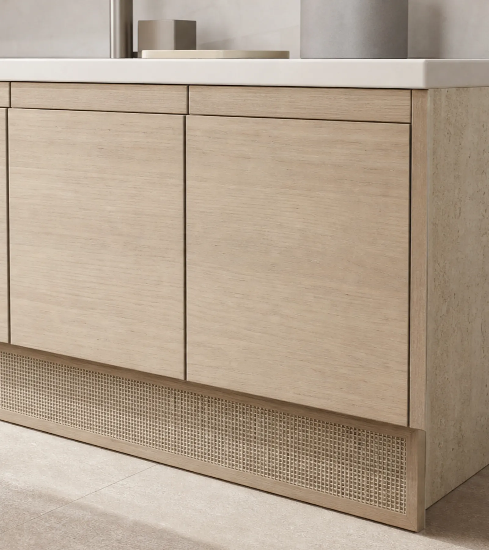 Fadior Voyage Bath Caned Travertine Linen Plinth — close-up of stainless steel finish and hardware detail
