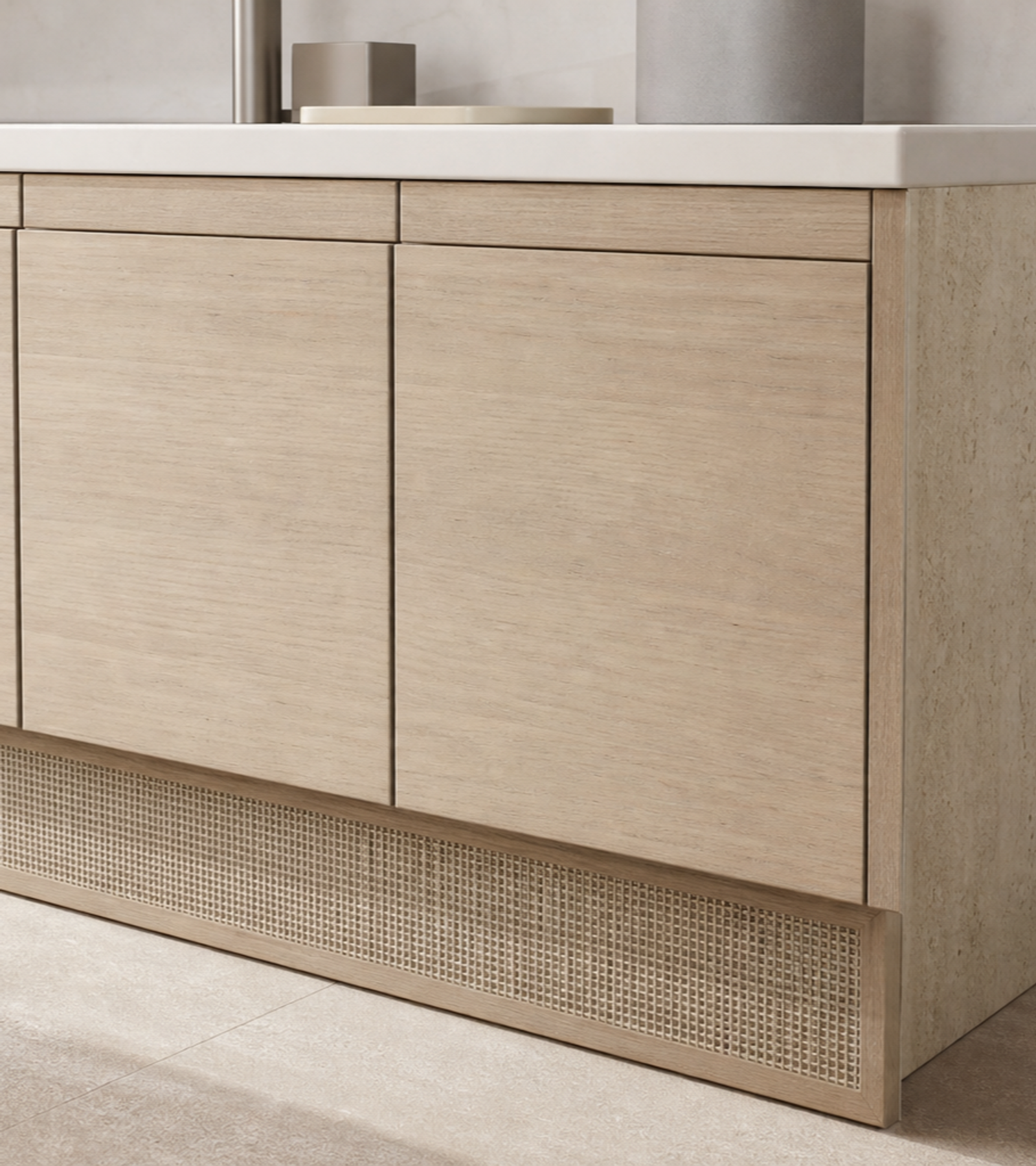 Fadior Voyage Bath Caned Travertine Linen Plinth — close-up of stainless steel finish and hardware detail