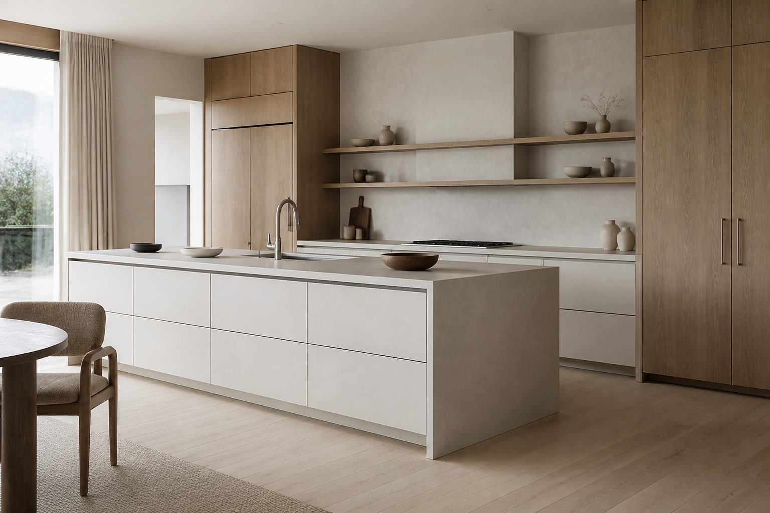 Fadior Tbilisi 340 sqm Kitchen Villa — island, pale cabinets, ceramic surface, plaster wall and oak chair