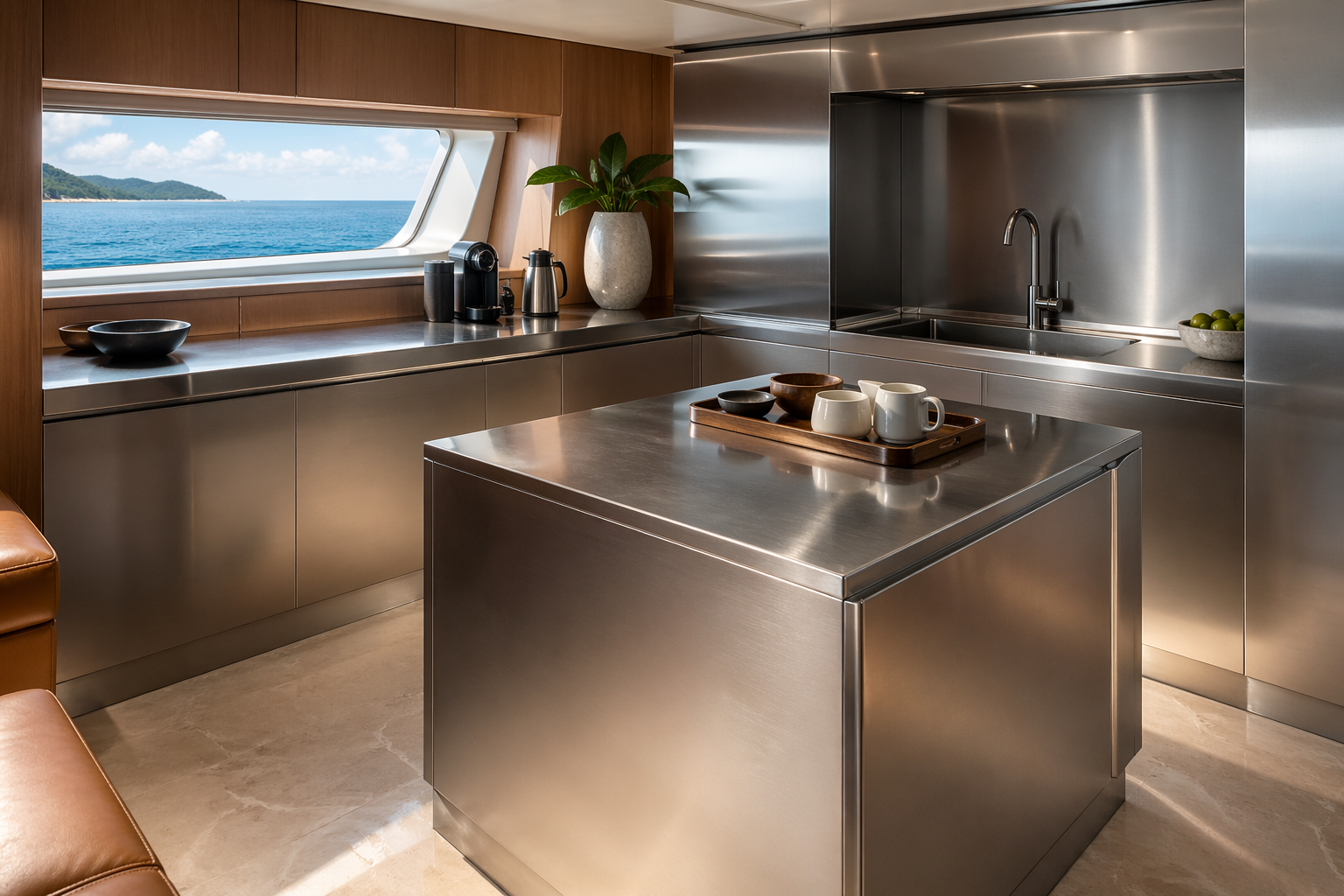 Fadior Caribbean Explorer Yacht — stainless counter, galley cabinet, teak wall, ocean window