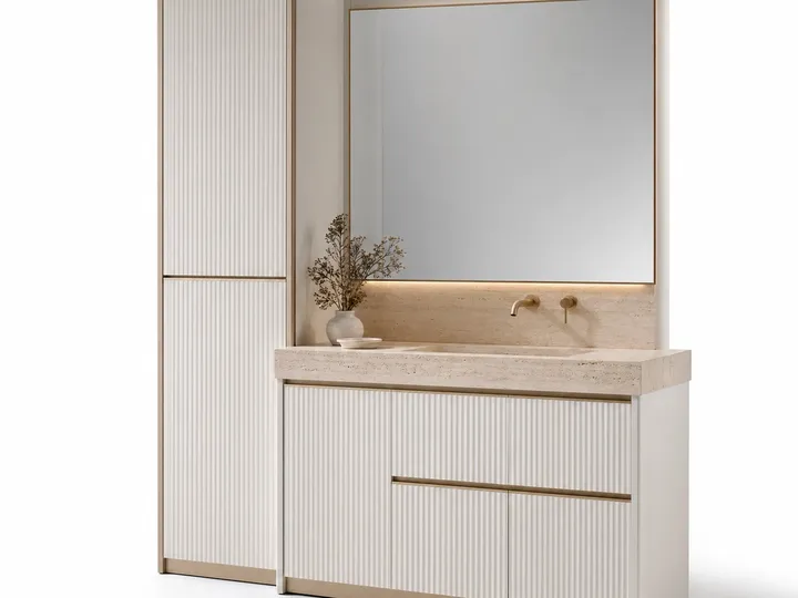 Fadior Ethereal Ribbed Travertine Towel Atrium — 304 stainless steel bath and vanity system, front view