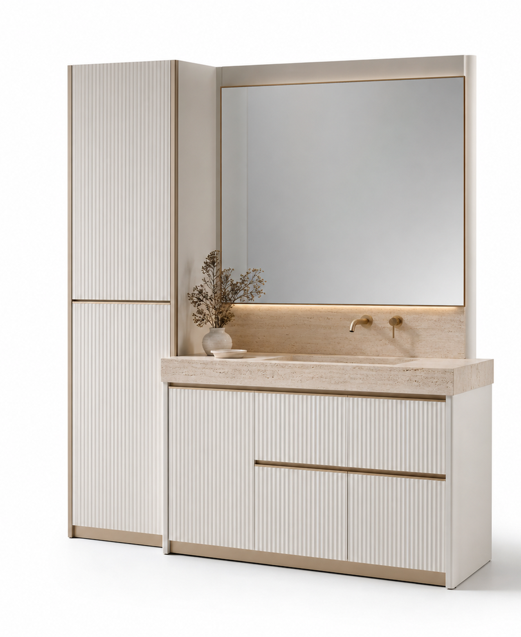 Fadior Ethereal Ribbed Travertine Towel Atrium — 304 stainless steel bath and vanity system, front view
