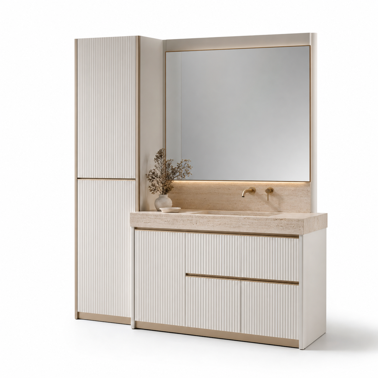Fadior Ethereal Ribbed Travertine Towel Atrium — 304 stainless steel bath and vanity system, front view