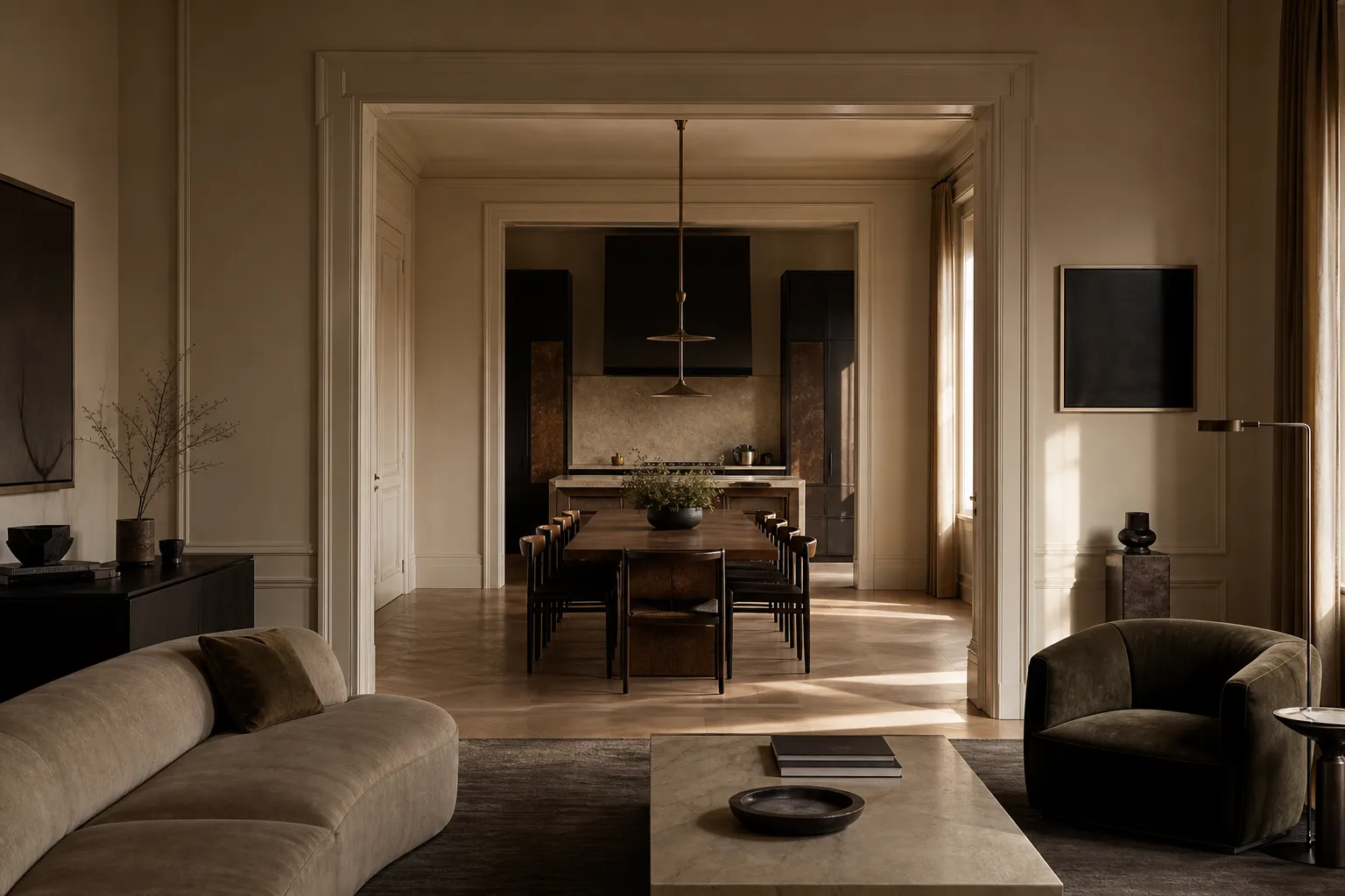 GCC kitchen and dining salon with parchment surfaces and lacquer-black cabinetry, framing an editorial decision comparison.