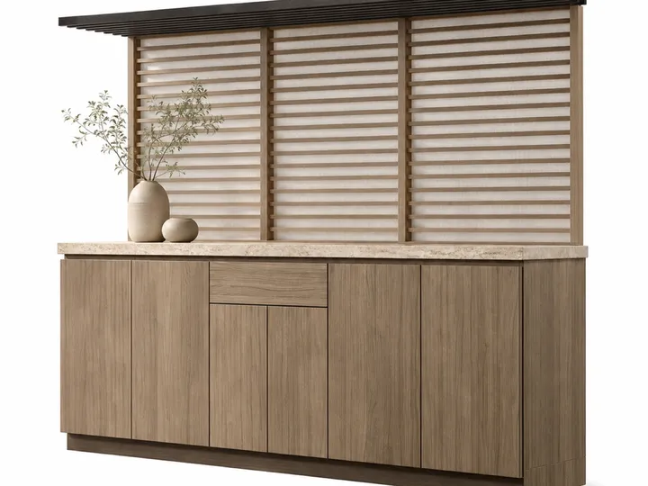 Fadior Soleil Balcony Suite with Breeze Louver Utility Console — 304 stainless steel balcony system, front view
