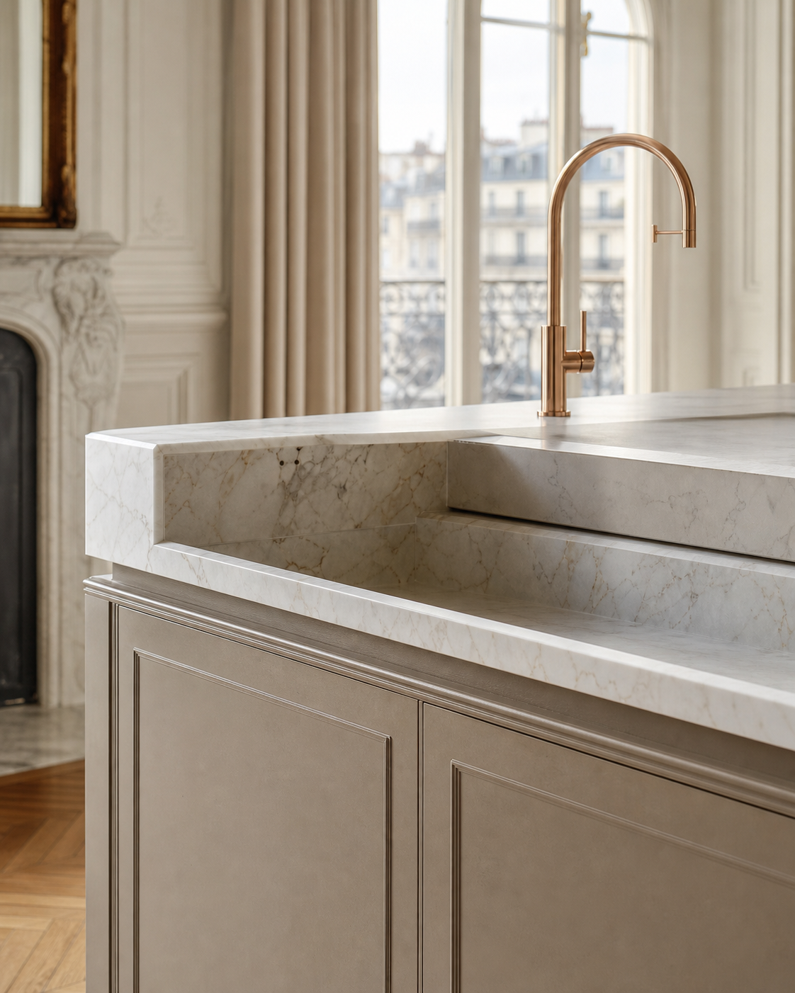 Fadior Terrena Kitchen Suite with Sunken Stone Rinse Ledge — close-up of stainless steel finish and hardware detail