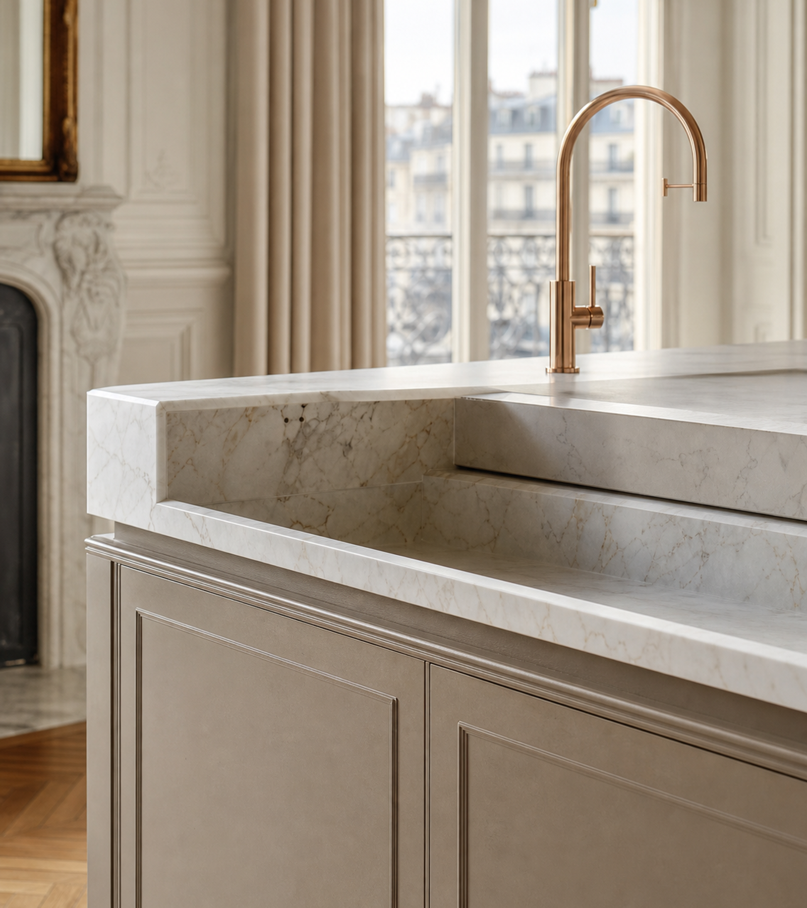 Fadior Terrena Kitchen Suite with Sunken Stone Rinse Ledge — close-up of stainless steel finish and hardware detail