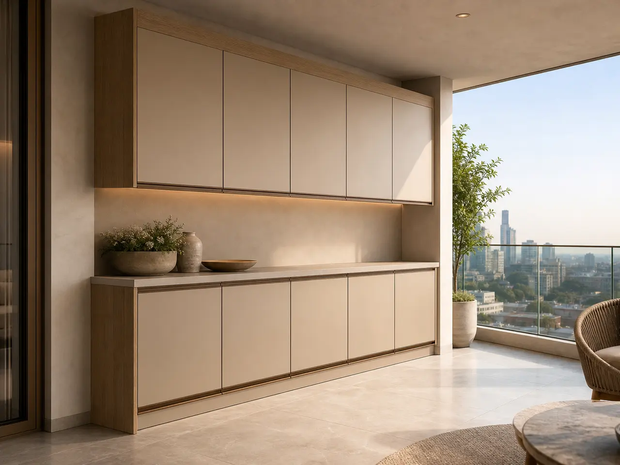 Fadior Soleil Balcony Suite with Weatherline Utility Wall — 304 stainless steel balcony system, front view