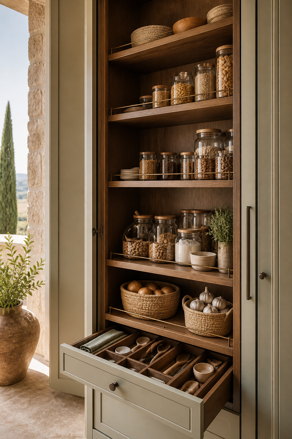 Tall pantry interior with shelves, baskets, and organized dry goods