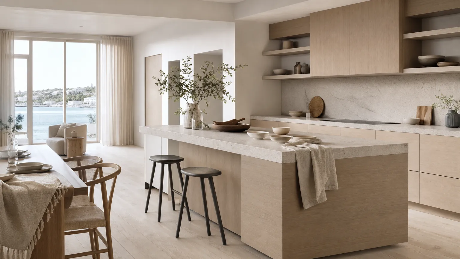 Airy kitchen atmosphere with oak veneer planes and matte ceramic tones for luxury hardware planning.