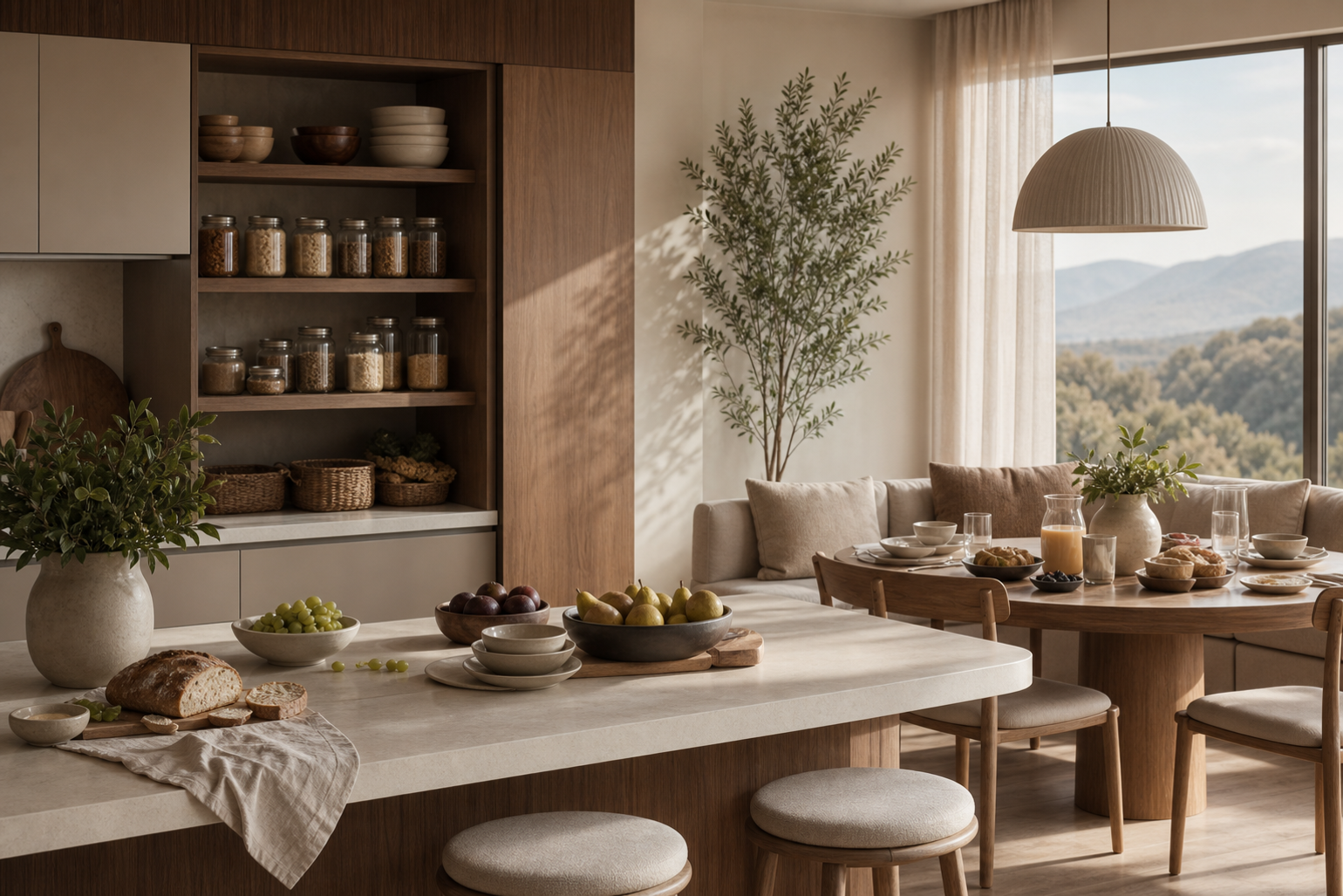 Lifestyle context: organized pantry, breakfast nook, and calm room for family meal planning.