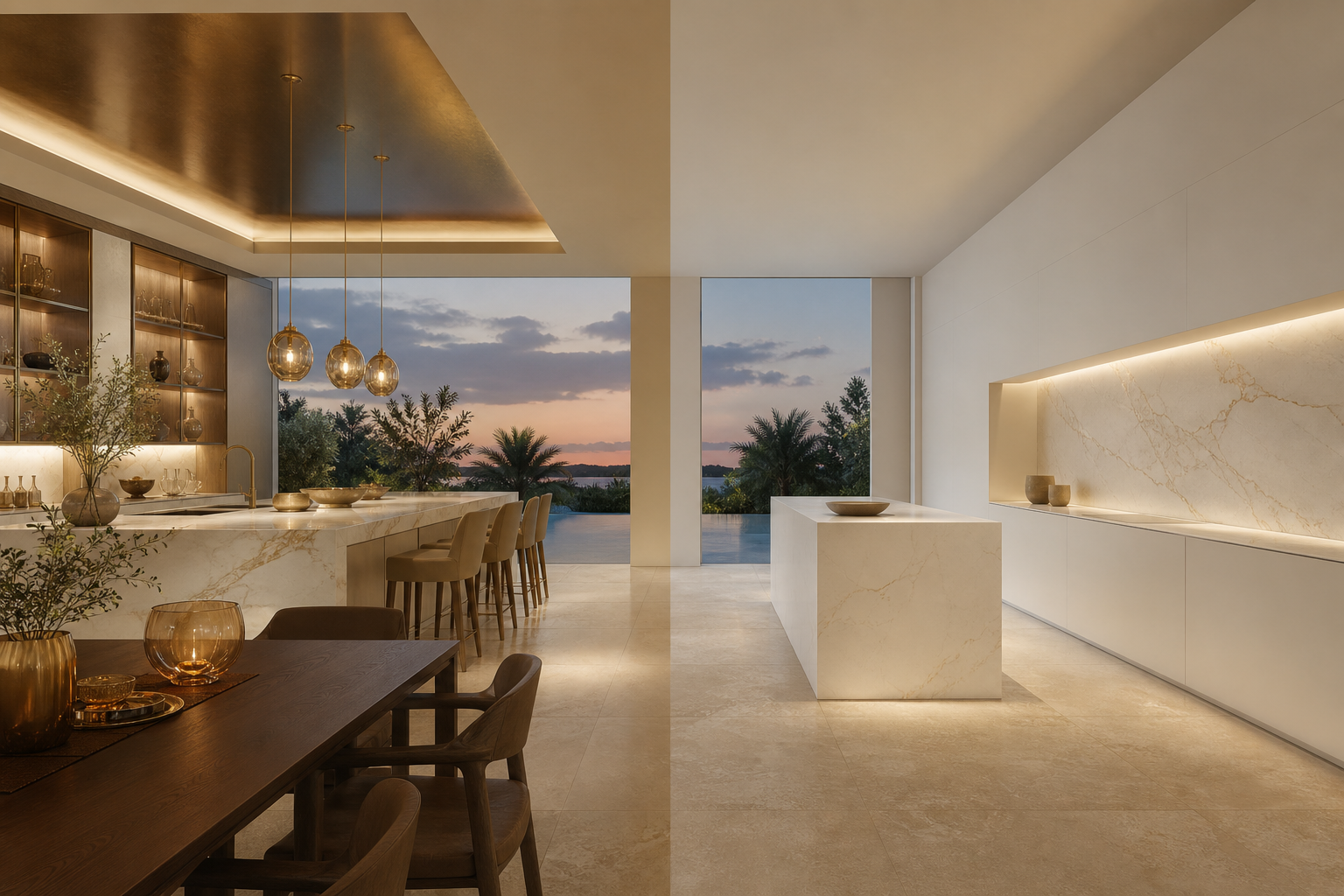 Decision comparison scene in a kitchen contrasting layered decor with reduced ivory calm.