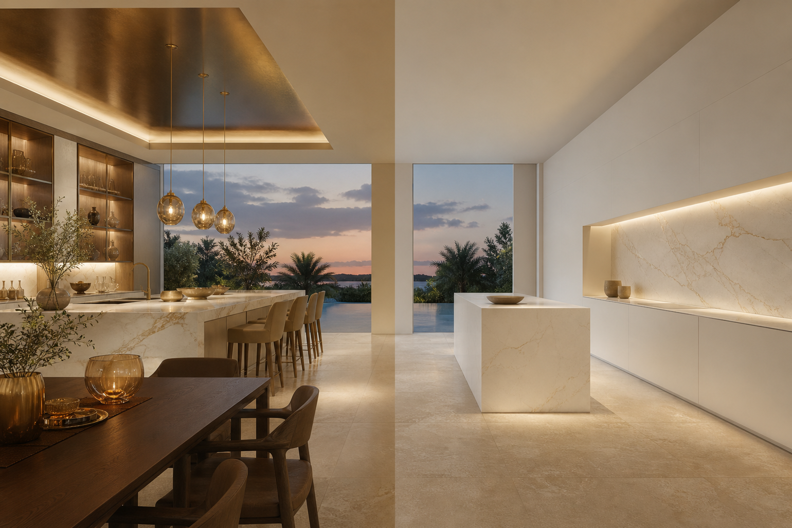 Decision comparison scene in a kitchen contrasting layered decor with reduced ivory calm.
