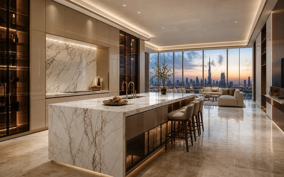 Fadior Dubai 185 sqm Kitchen Penthouse — Dubai island, cabinet wall, marble counter, glass window, skyline — 304 stainless steel cabinetry installation by Fadior