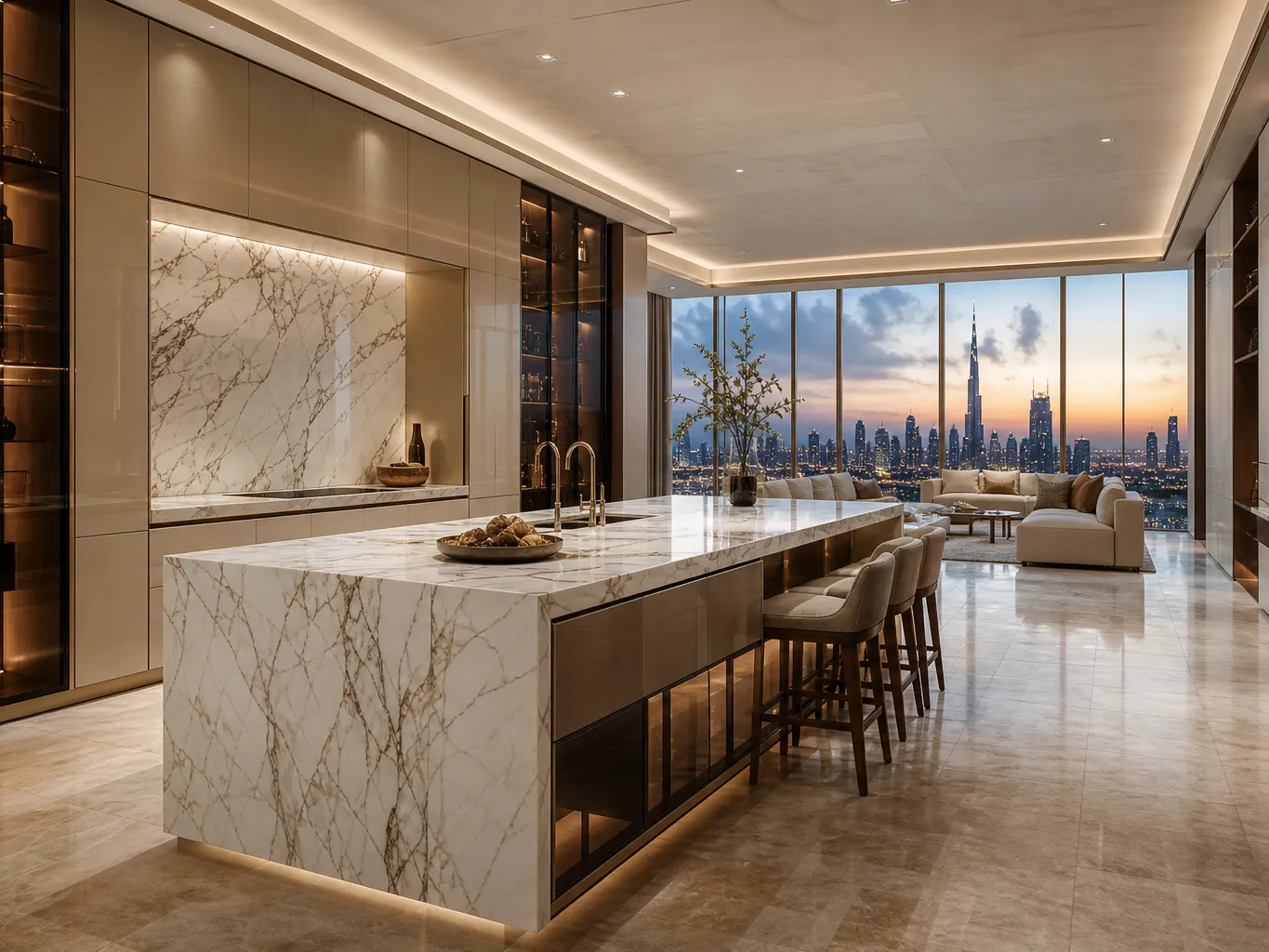 Fadior Dubai 185 sqm Kitchen Penthouse — Dubai island, cabinet wall, marble counter, glass window, skyline