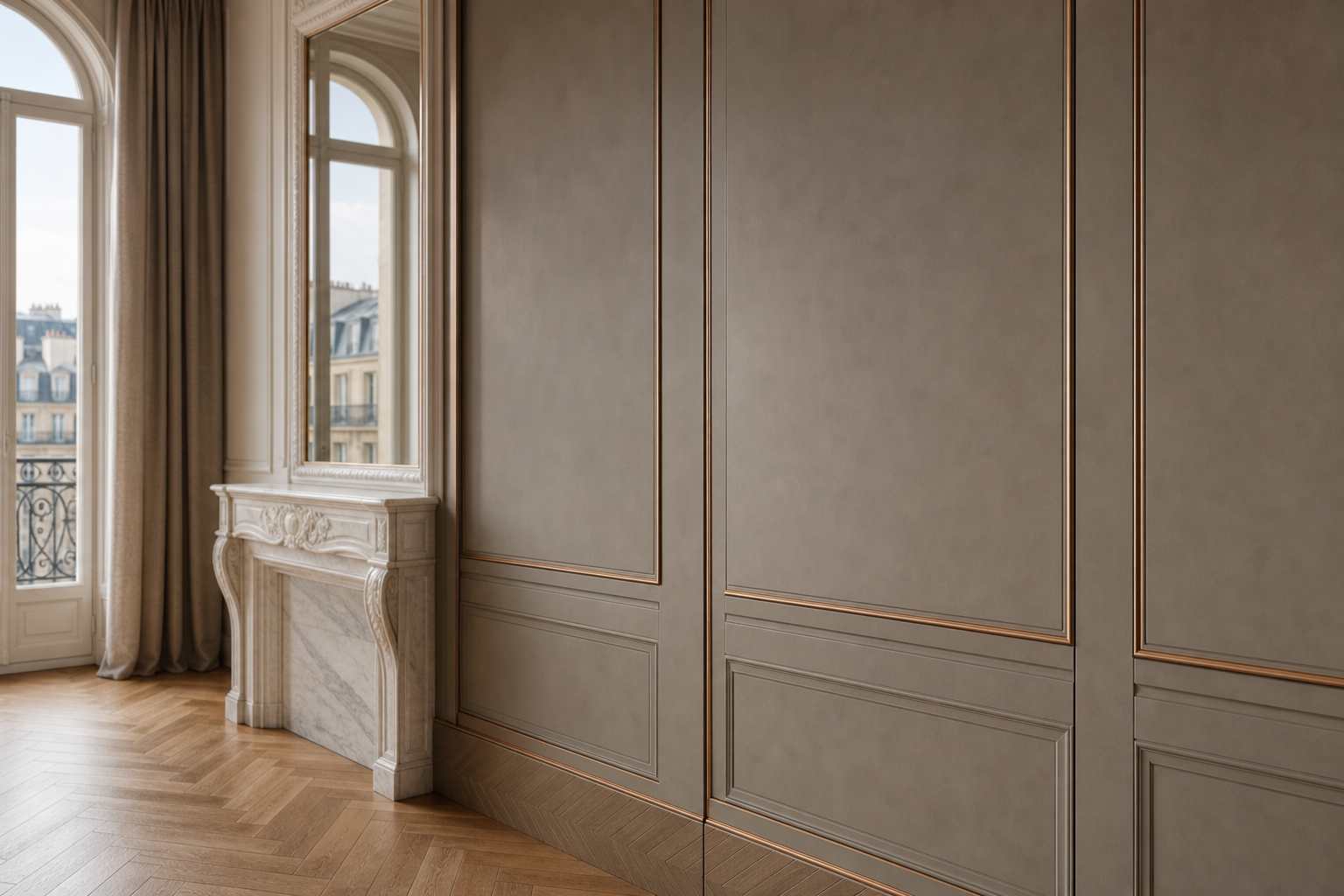 Fadior Terrazzo Wall Panel Suite with Spectral Oxide Salon Wall — close-up of stainless steel finish and hardware detail