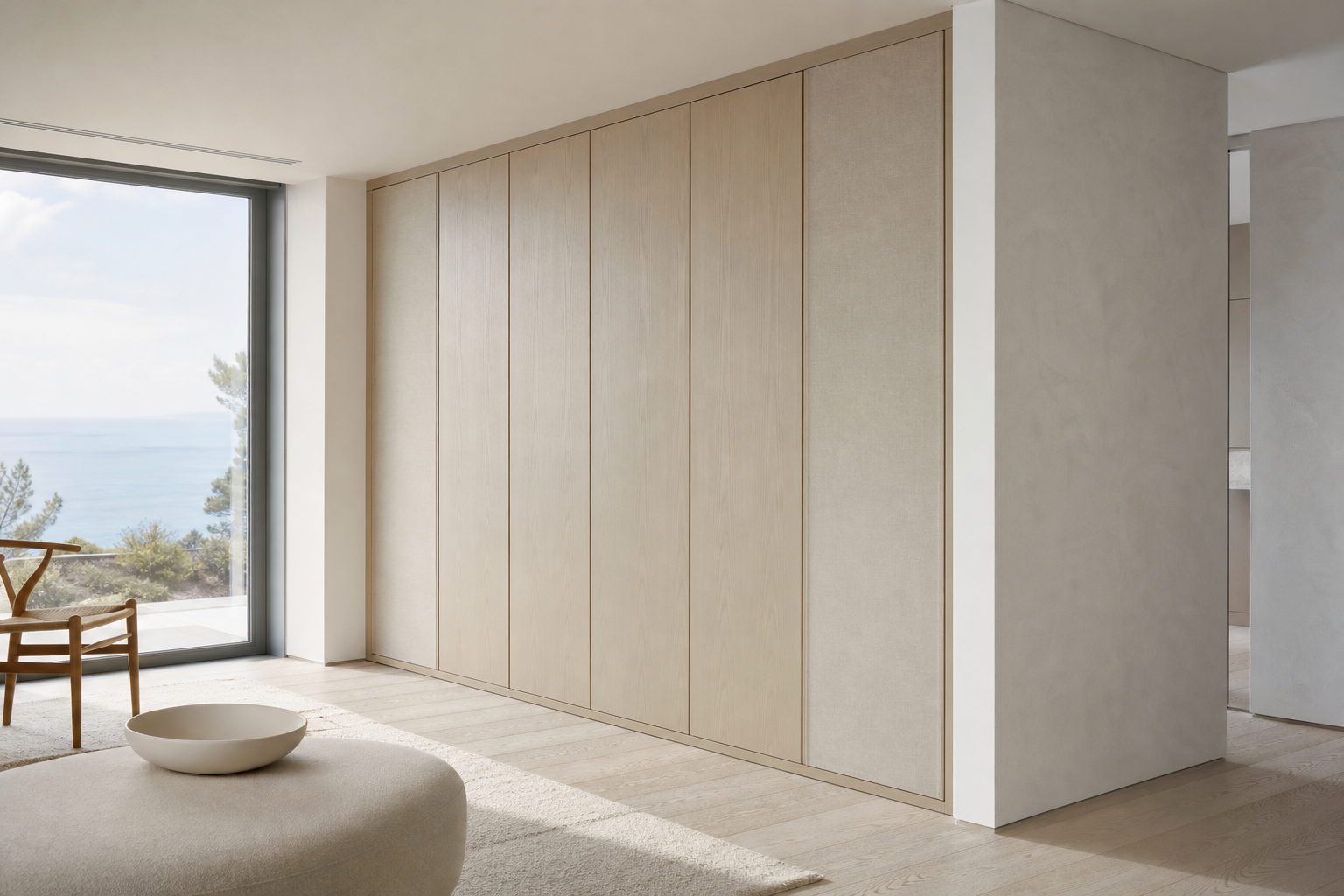Fadior Elementum Wardrobe Suite with Flush Plinth Dressing Wall — interior room context showing cabinet integration