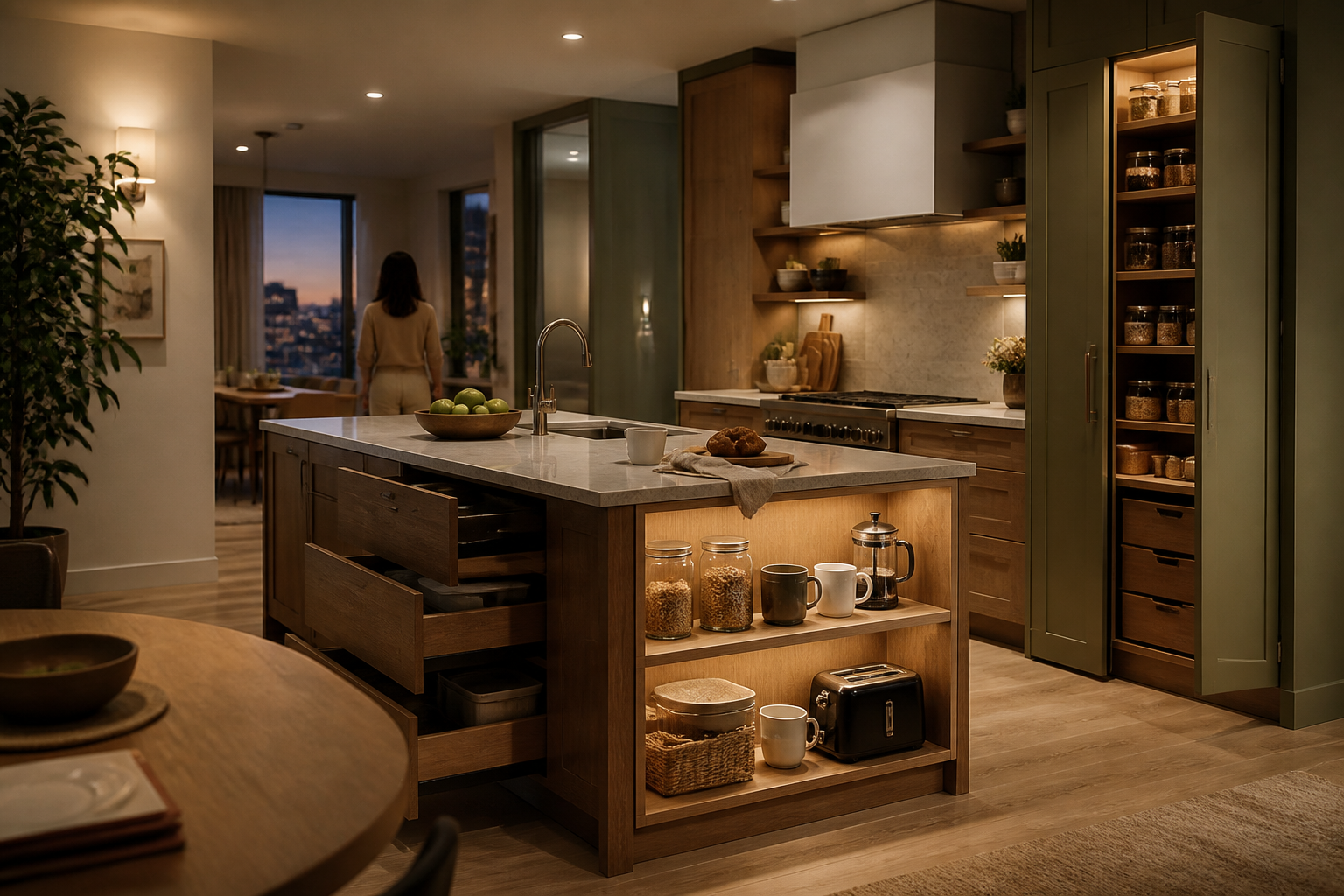 Evening apartment kitchen with island drawers and an open pantry