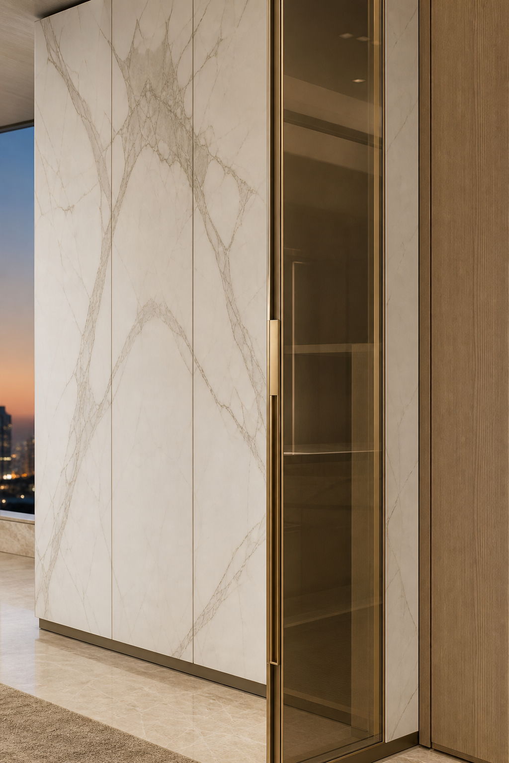 Fadior Onyx Wardrobe Suite with Linen Glass Dressing Bridge — close-up of stainless steel finish and hardware detail