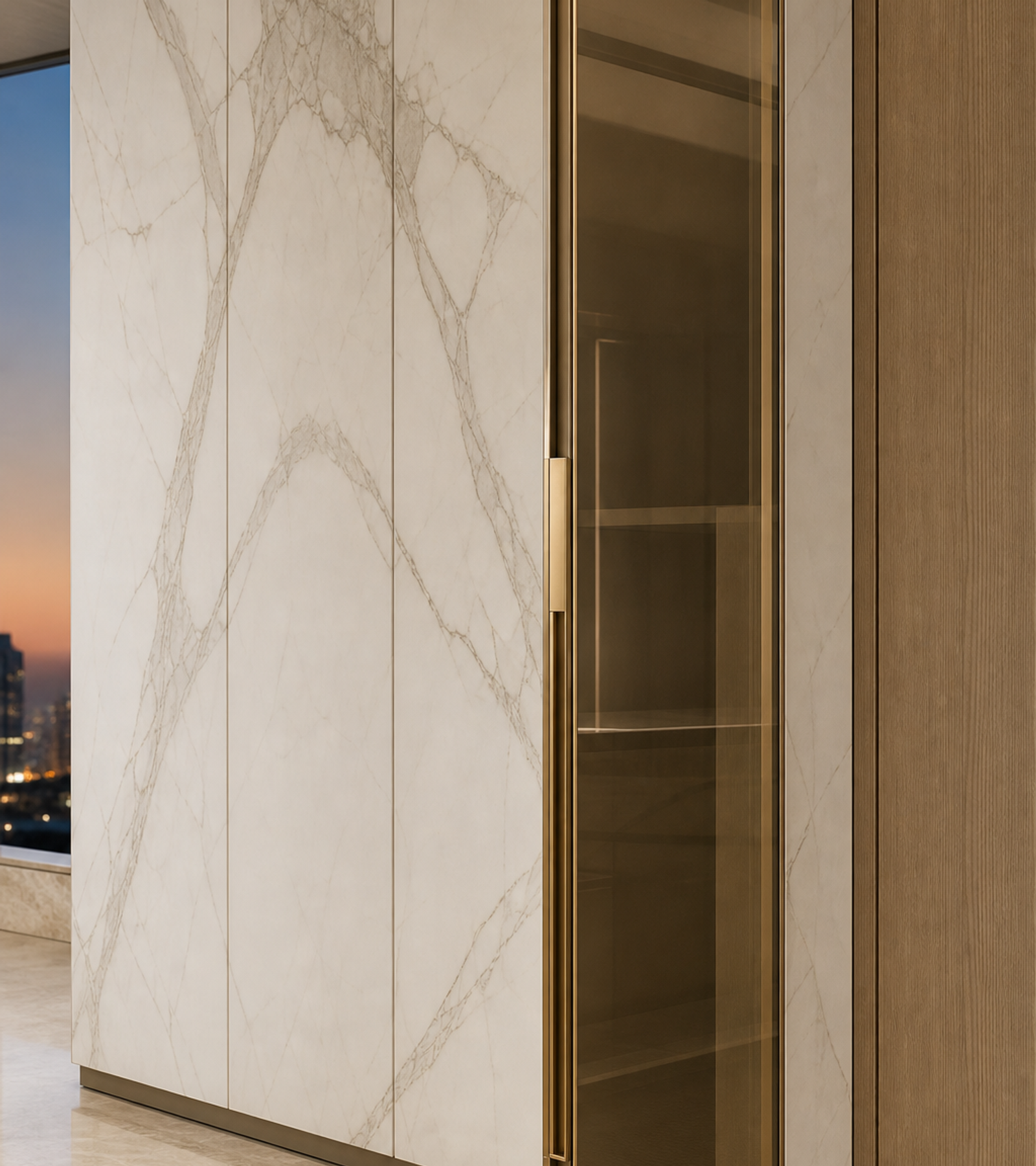 Fadior Onyx Wardrobe Suite with Linen Glass Dressing Bridge — close-up of stainless steel finish and hardware detail