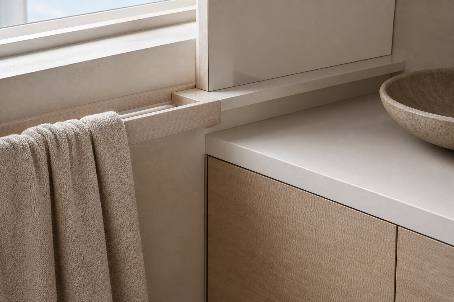 Fadior Solstice Bath and Vanity Suite with Clerestory Towel Bridge — close-up of stainless steel finish and hardware detail