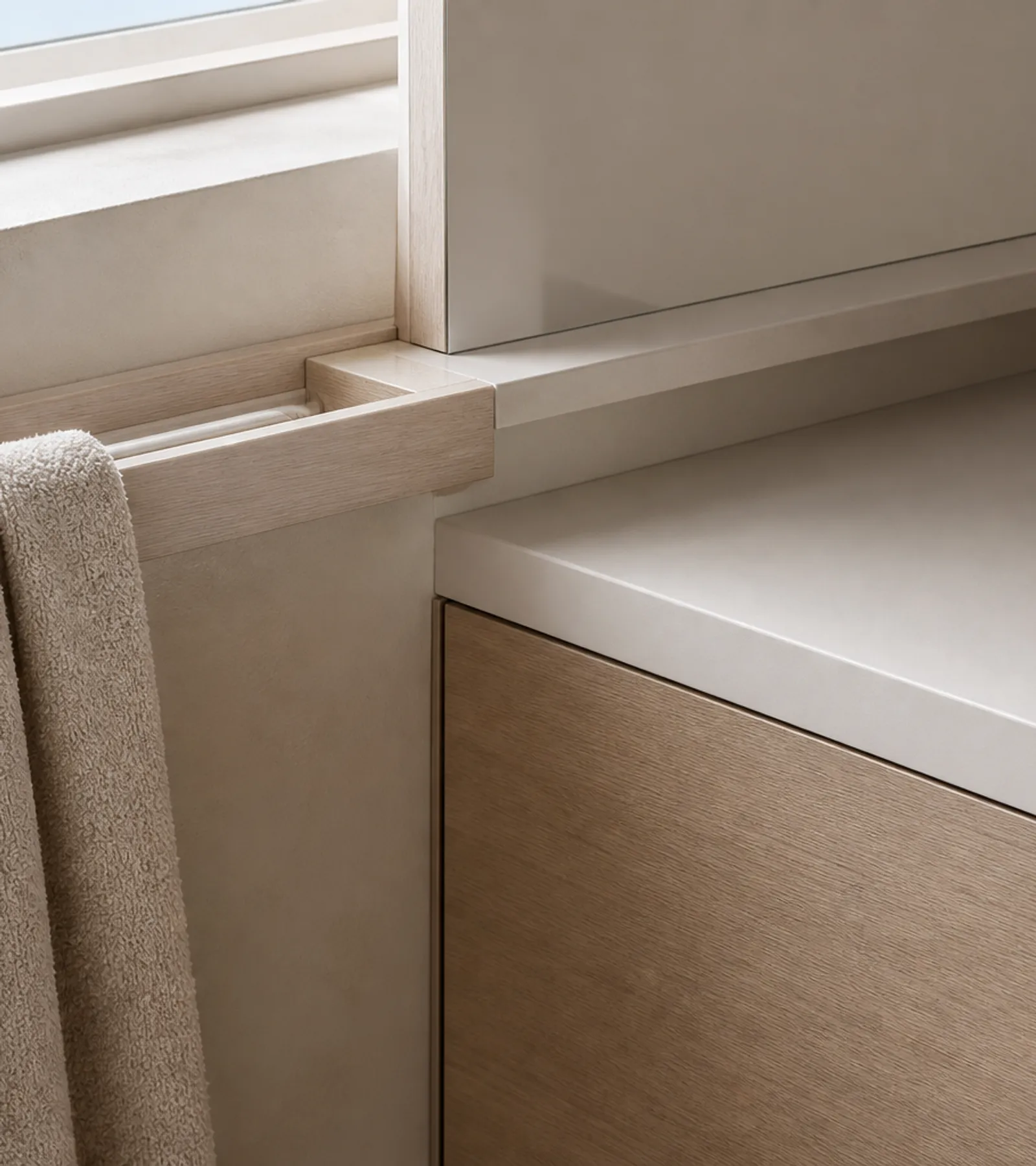 Fadior Solstice Bath and Vanity Suite with Clerestory Towel Bridge — close-up of stainless steel finish and hardware detail