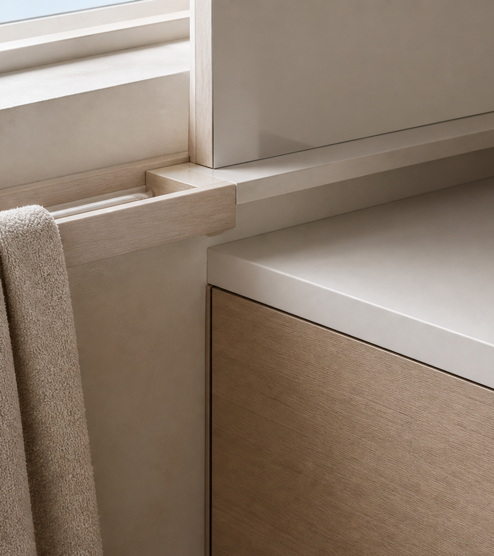 Fadior Solstice Bath and Vanity Suite with Clerestory Towel Bridge — close-up of stainless steel finish and hardware detail