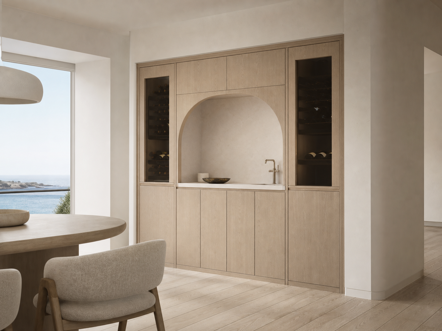 Fadior Grotto Wine Cabinet Suite with Bottle Rinse Arcade — interior room context showing cabinet integration