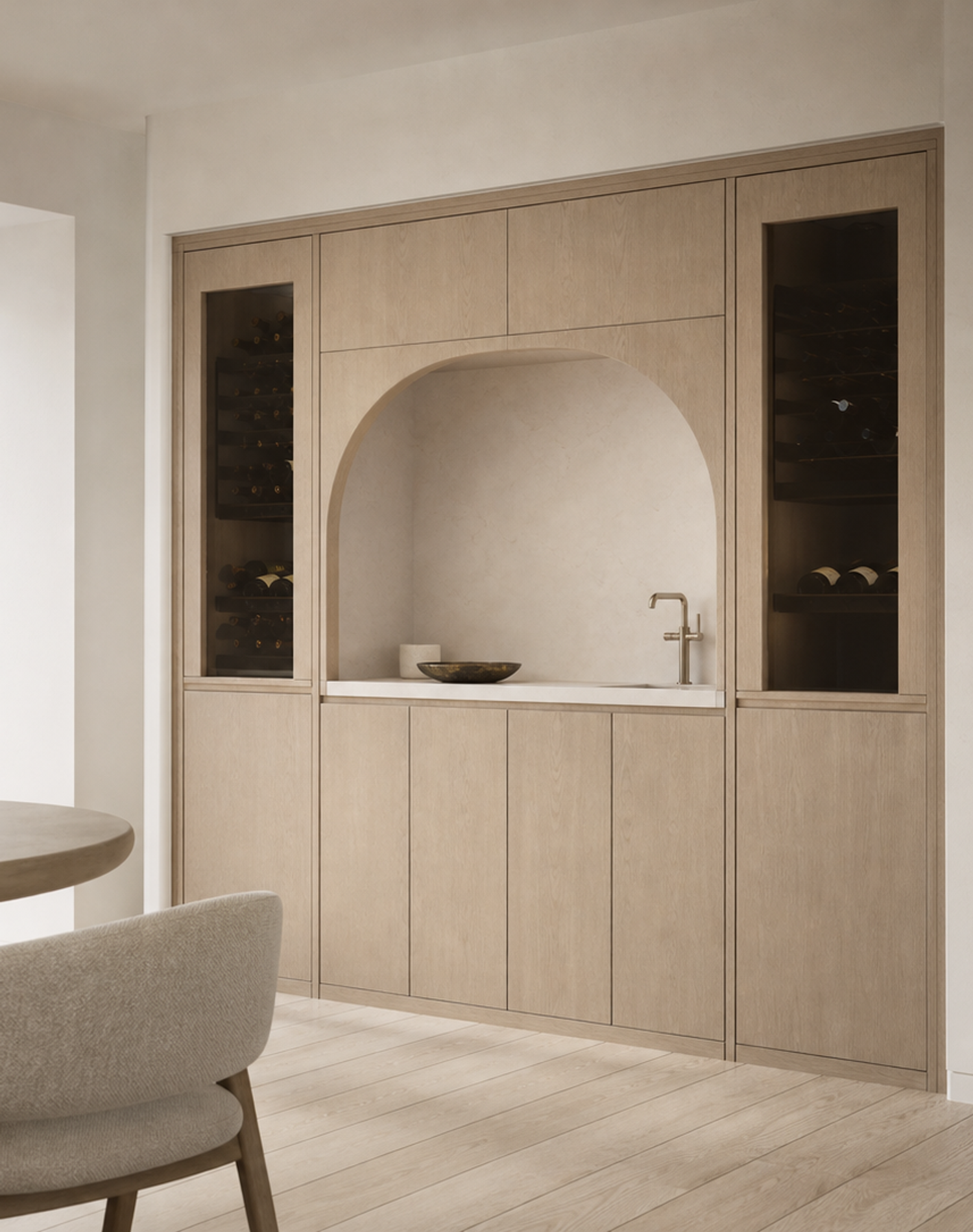 Fadior Grotto Wine Cabinet Suite with Bottle Rinse Arcade — interior room context showing cabinet integration