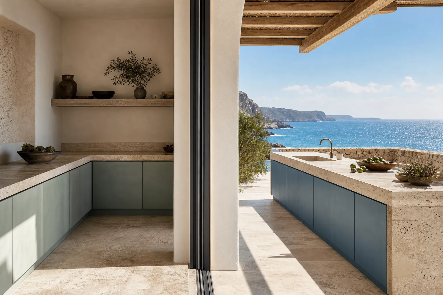 Kitchen decision comparison scene showing sheltered interior cabinetry and terrace-facing coastal exposure.