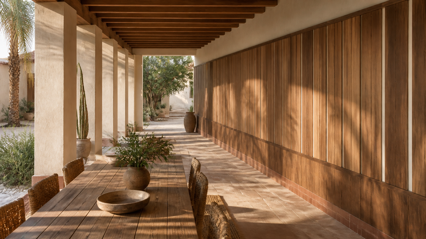 Fadior Miroir Wall Panel Suite with Ipe Courtyard Wainscot — lifestyle setting with natural light and residential styling