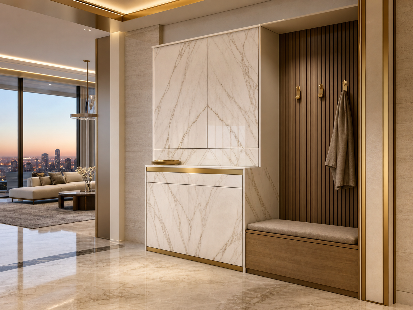 Fadior Loggia Entryway Suite with Italianate Marble Parcel Console — interior room context showing cabinet integration