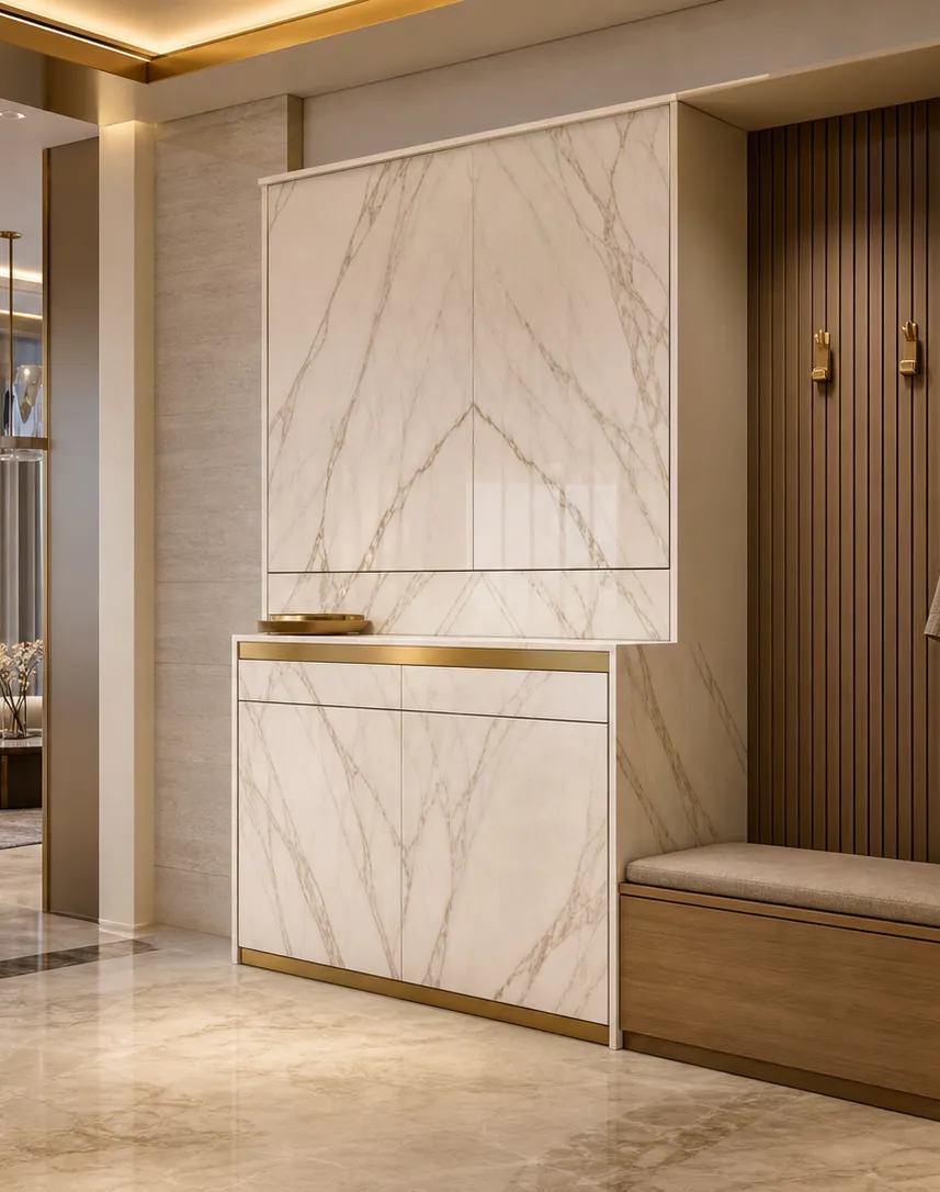 Fadior Loggia Entryway Suite with Italianate Marble Parcel Console — interior room context showing cabinet integration