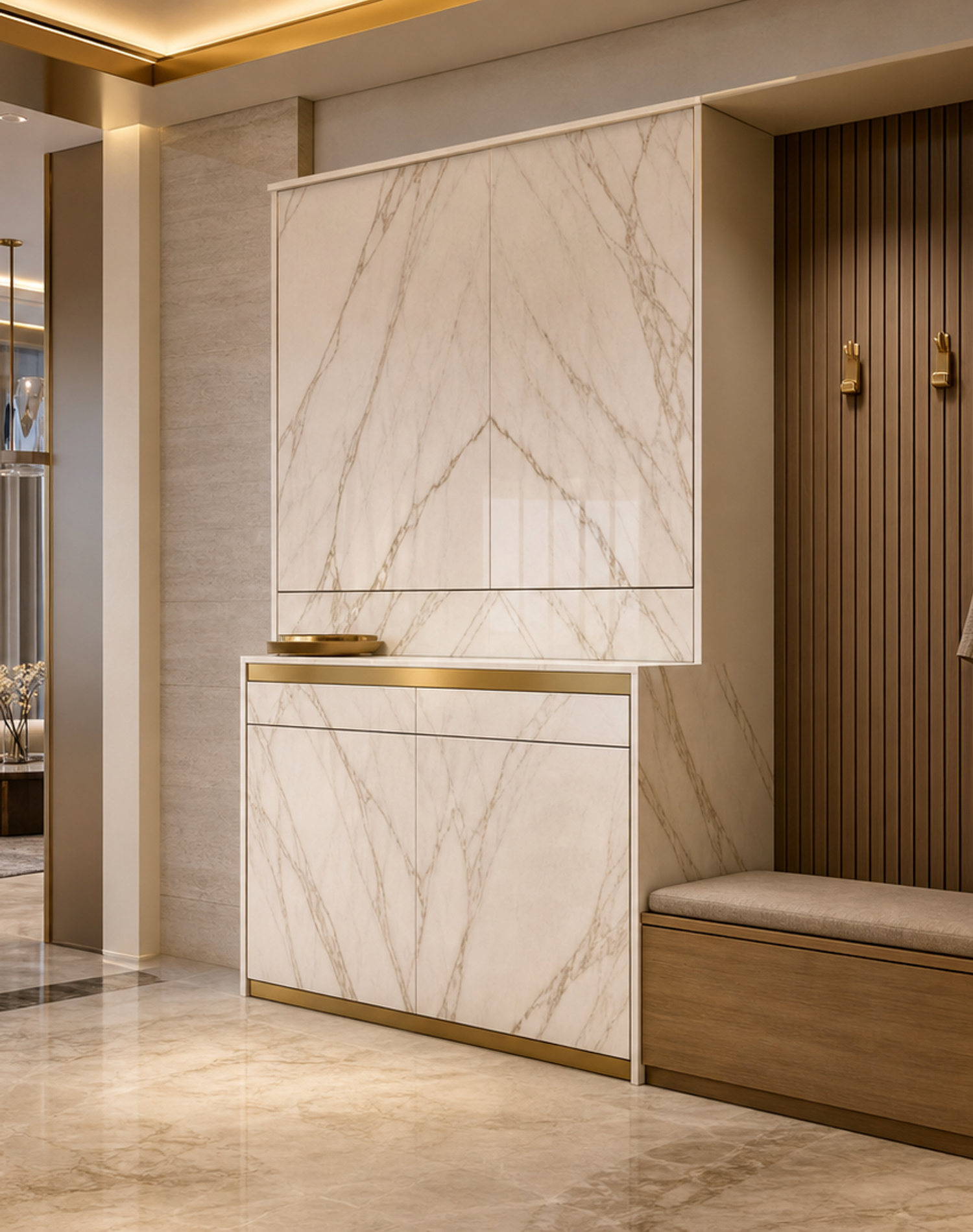 Fadior Loggia Entryway Suite with Italianate Marble Parcel Console — interior room context showing cabinet integration