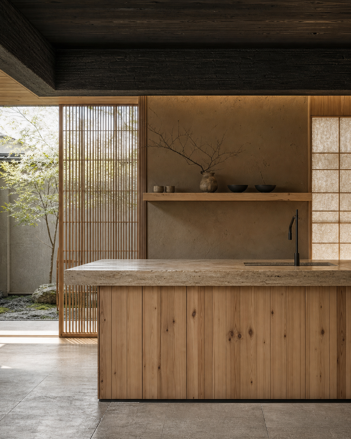 Fadior Osaka 650 sqm Kitchen Villa - travertine counter, cypress cabinet, plaster wall, courtyard light
