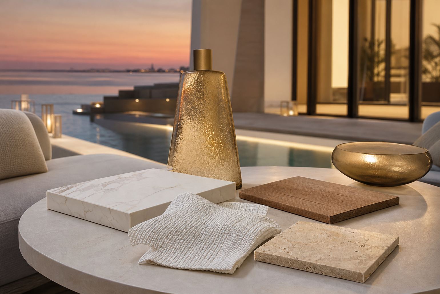 Terrace material study with ivory textiles, warm wood tones, cream slab, and dusk pool light.