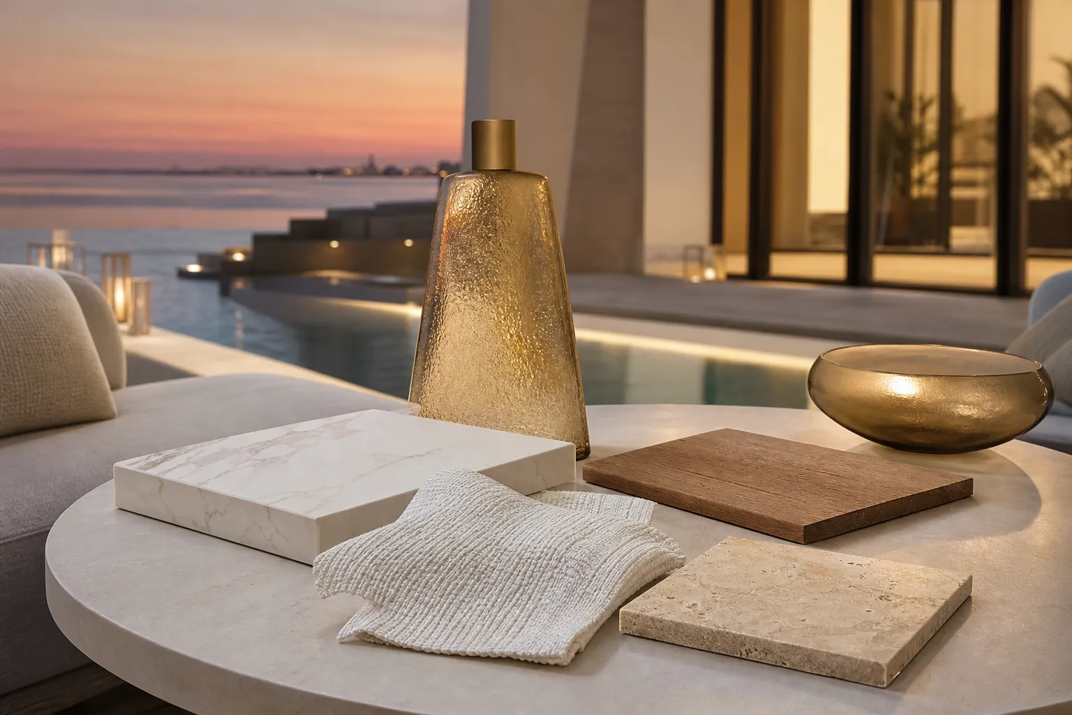 Terrace material study with ivory textiles, warm wood tones, cream slab, and dusk pool light.