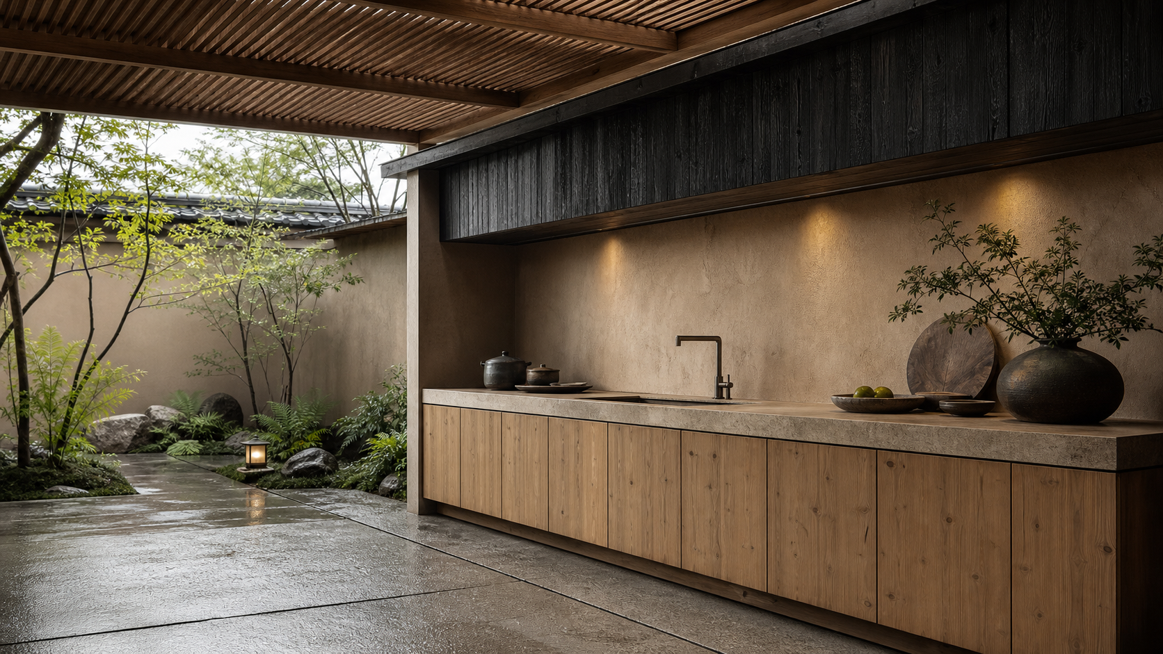 Fadior Vantage Outdoor Kitchen Suite with Cedar Rain Counter Bay — lifestyle setting with natural light and residential