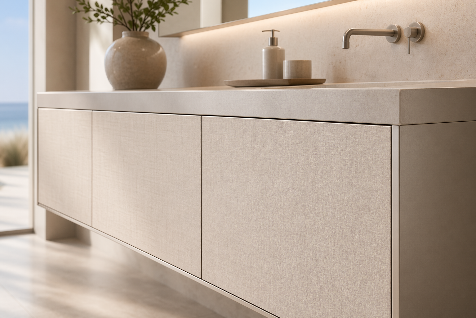 Fadior Acqua Bath And Vanity Suite with Coastal Linen Finish — close-up of stainless steel finish and hardware detail