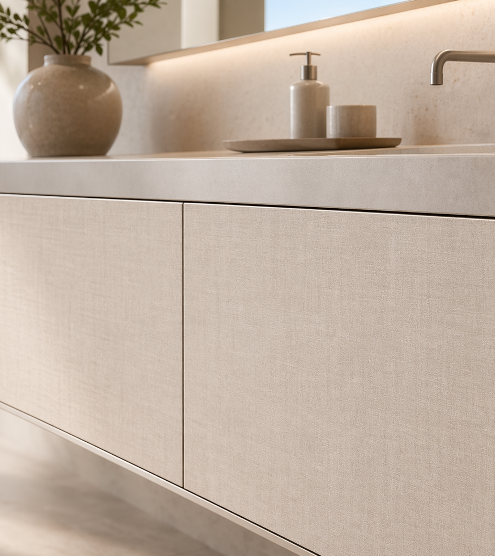 Fadior Acqua Bath And Vanity Suite with Coastal Linen Finish — close-up of stainless steel finish and hardware detail